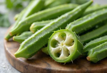 Svježe mahune okre, narezane i cijele na dasci za rezanje