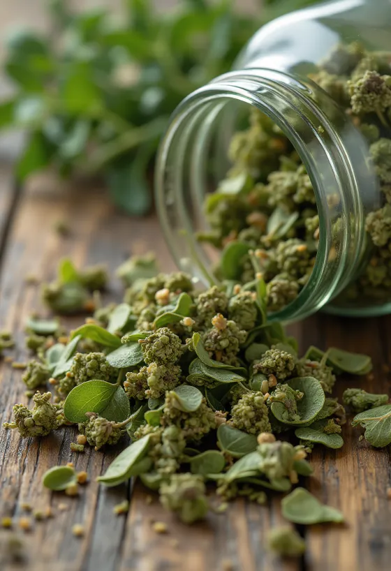 Sušeni listići origana i mljeveni origano na drvenoj podlozi
