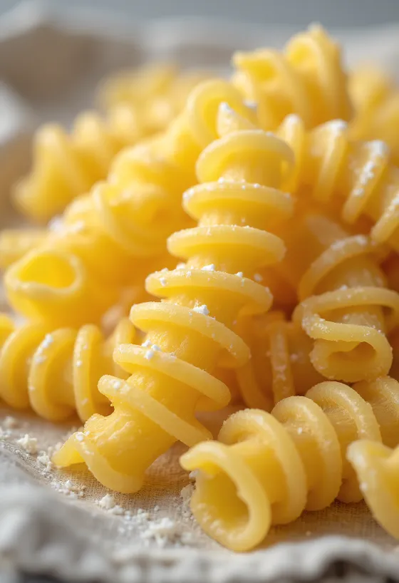 Suha tjestenina fusilli (svrdla) rasuta u spiralnom obliku na drvenoj površini