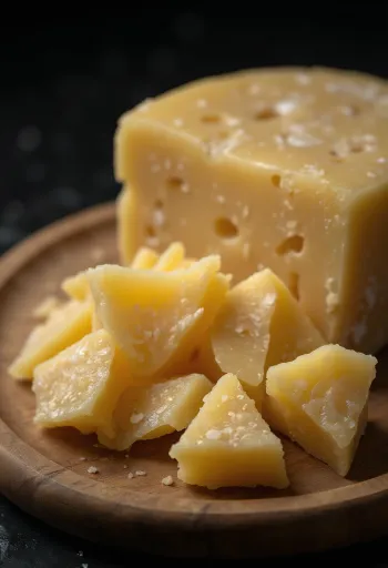 Narezani i naribani parmezan na drvenoj dasci za rezanje