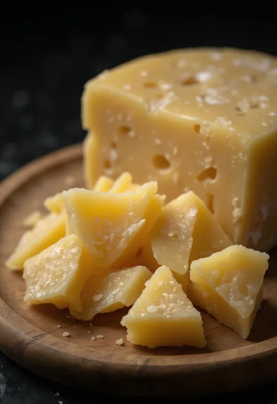 Narezani i naribani parmezan na drvenoj dasci za rezanje