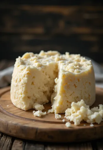 Svježi Pecorino sir od ovčjeg mlijeka u bijeloj zdjeli na drvenom stolu