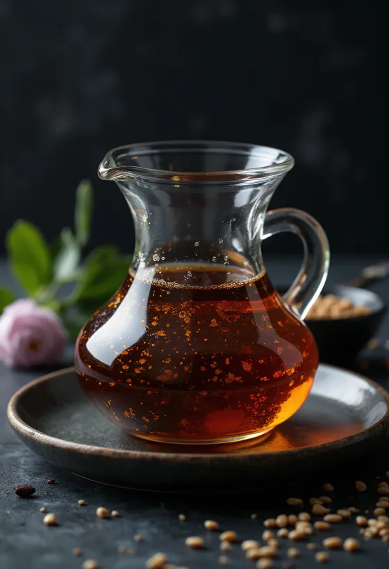 Tostirano sezamovo ulje u tamnoj boci, pokraj njega zdjelica s uljem i tostirani sezam