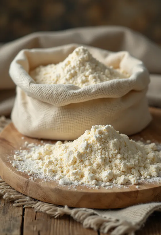 Brašno plantana banane u zdjeli, sa žlicom, zelenom plantanom i kriškama