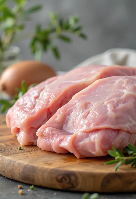 Svježi komadi puretine sa začinima i češnjakom na drvenoj dasci za rezanje