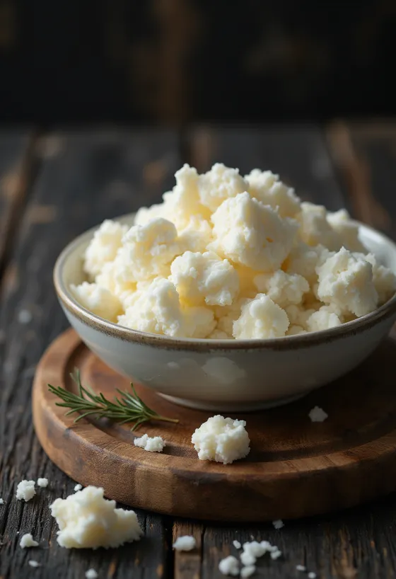 Svježi ricotta sir u bijeloj keramičkoj zdjeli, na drvenom stolu