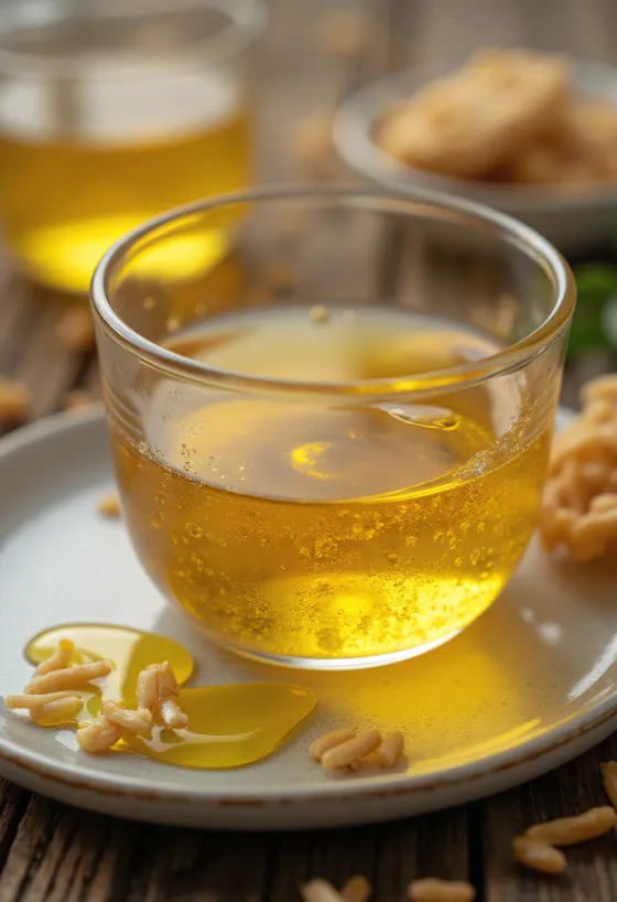 Ulje rižinih posija u boci, s zrnima riže i posijama na prirodnoj pozadini