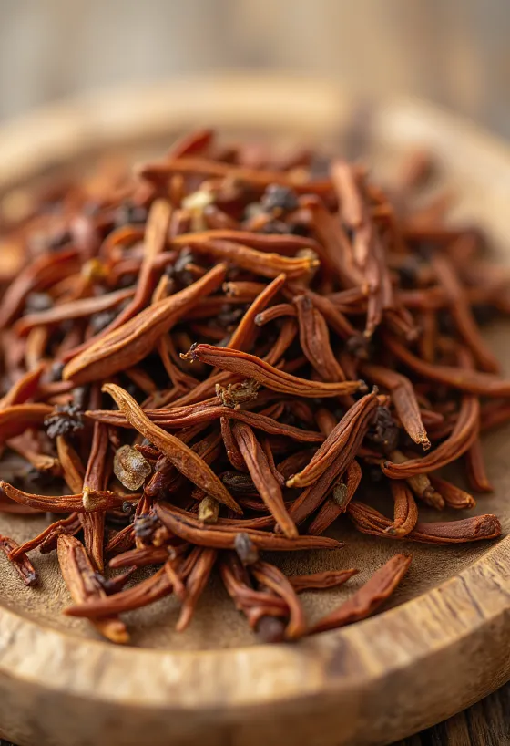 Rooibos čaj u rinfuzi, crvenkasti listići u zdjelici i rasuti po kuhinjskoj površini
