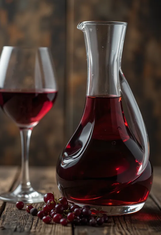 Suho crno vino u čaši, okruženo tamnim grožđem, moštom i sirovom drvenom bačvom