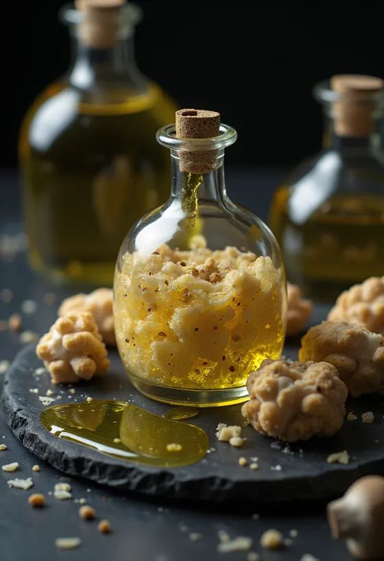 Ulje s tartufima u maloj boci, s kriškama tartufa i posluženo