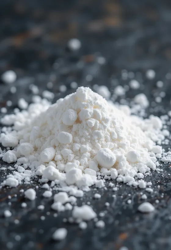 Bijela soda bikarbona u prahu u maloj zdjelici, uz drvenu kuhaču