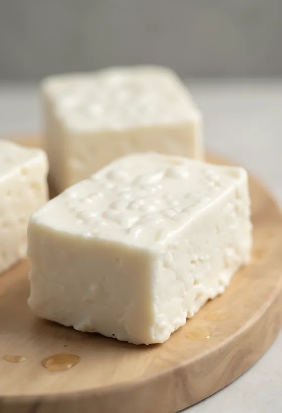 Svježe kocke tofua uz soju i sojino mlijeko na drvenoj dasci