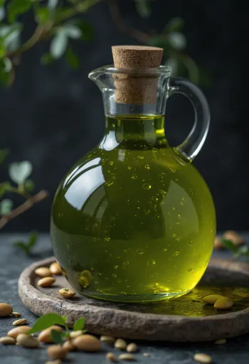 Tamnozeleno bučino ulje u maloj zdjeli, pored njega neoljuštene bučine koštice