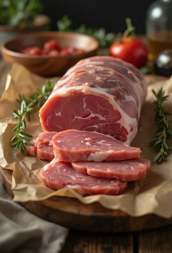 Sirovi odresci karea divlje svinje na drvenoj dasci sa začinima