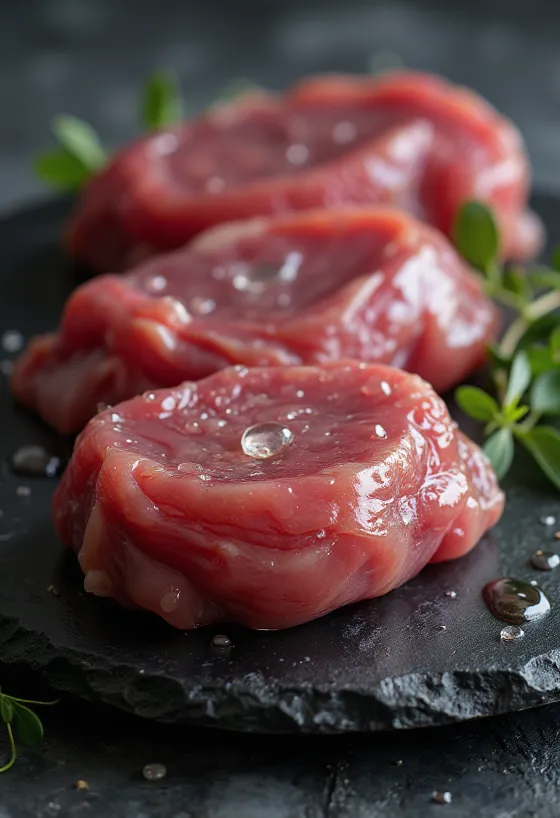 Sirovo meso divlje patke filetirano sa začinima na drvenoj dasci