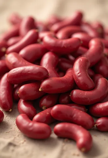 Fotorealističan crveni grah u keramičkoj zdjeli i na kuhači na rustikalnom stolu