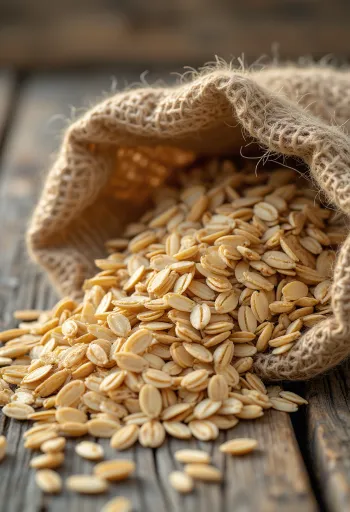 Očišćena zrna zobi u maloj vrećici i rasuta po drvenoj površini