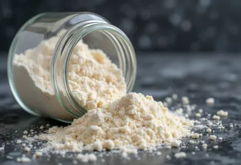 Fino zobeno brašno u keramičkoj zdjeli, rasuto po drvenoj površini
