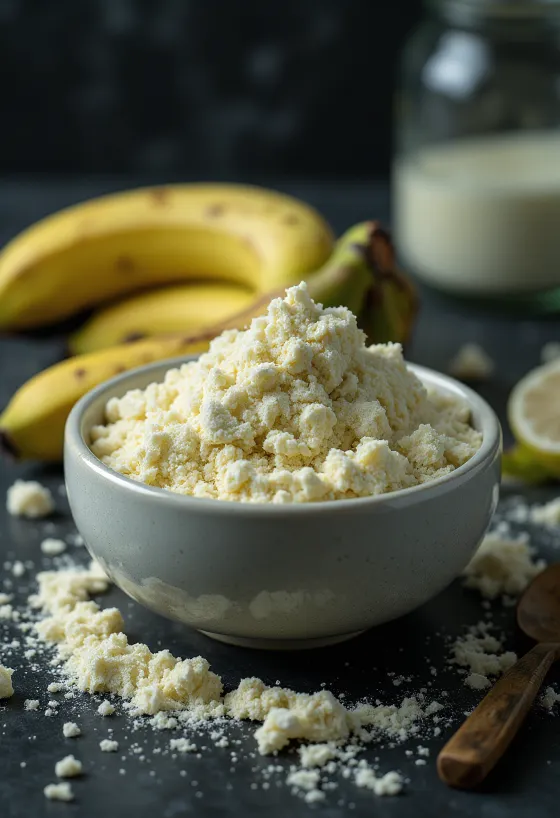 Brašno zelene banane u zdjelici i žlici, okruženo zelenim bananama