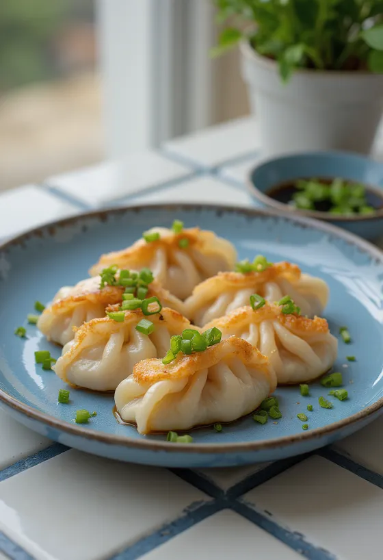 Japanska gyoza s kozicama u tijestu s hrskavim dnom, punjenjem od kozica, servirana s umakom od soje