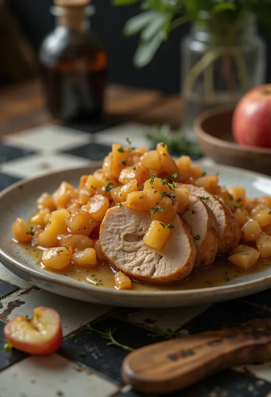 Pork loin poslužen s kompotom od jabuka i ukrašen svježim timijanom