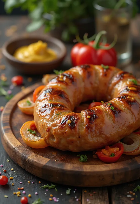 Pečena kobasica pečena do zlatnosmeđe boje, s hrskavom kožicom i servirana sa svježim začinima