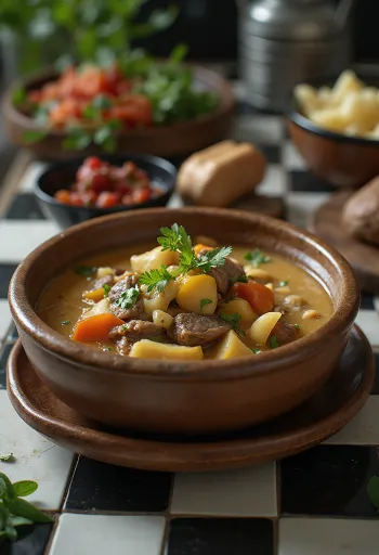 Varivo s jakovim mesom i čajem od maslaca posluženo u rustikalnoj zdjeli sa svježim začinskim biljem