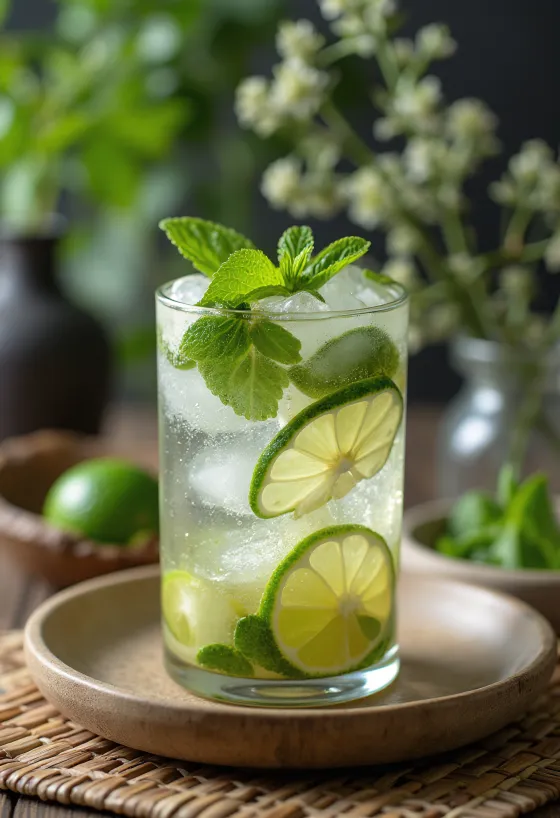 Mojito ukrašen svježim listićima mente i kriškama limete