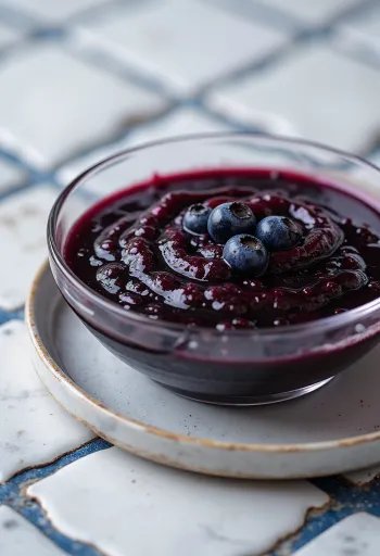 Umak od borovnica, čilija i balzamičnog octa u zdjelici, ukrašen svježim borovnicama i kriškama čilija