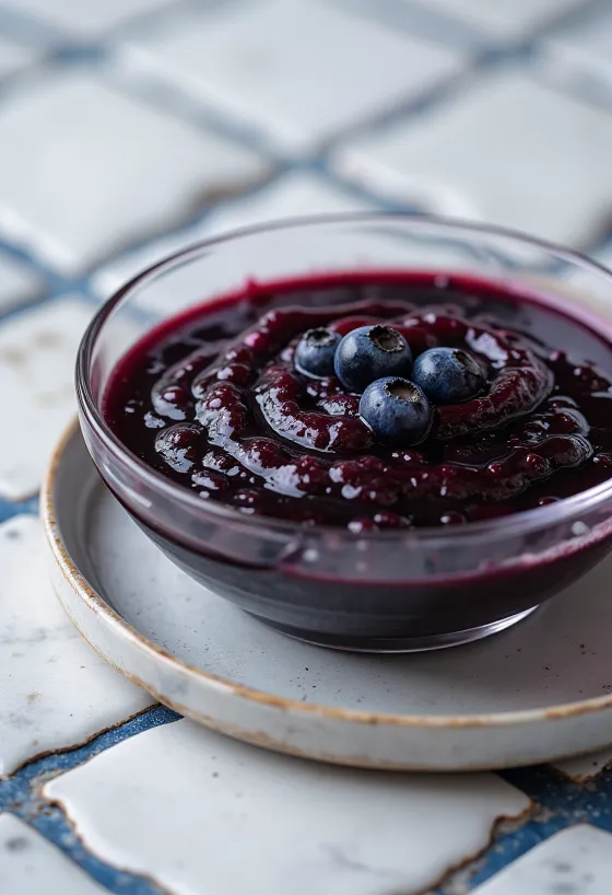 Umak od borovnica, čilija i balzamičnog octa u zdjelici, ukrašen svježim borovnicama i kriškama čilija