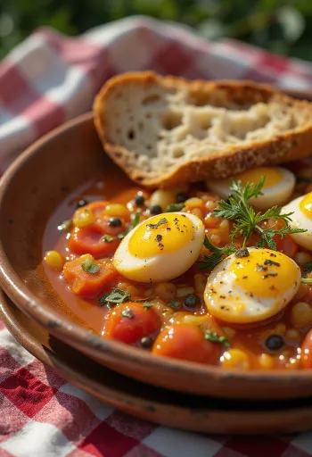 Caponata s kaparima i crvenim vinskim octom, poslužena sa svježim bosiljkom