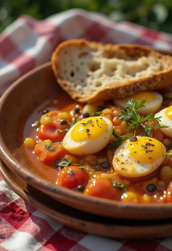 Caponata s kaparima i crvenim vinskim octom, poslužena sa svježim bosiljkom
