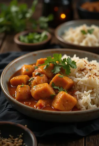 Pork Vindaloo poslužen s rižom i svježim korijanderom