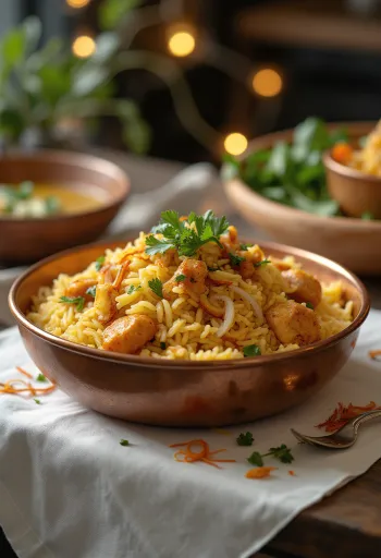 Biryani s piletinom, ukrašen svježim korijanderom i mentom