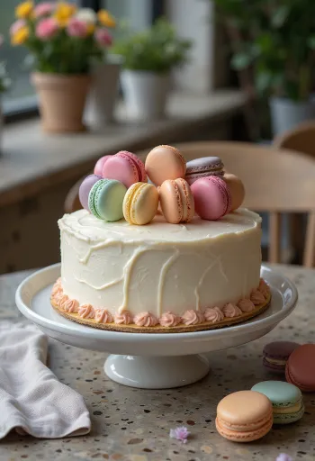 Torta ukrašena macaronima s više boja macaronsa