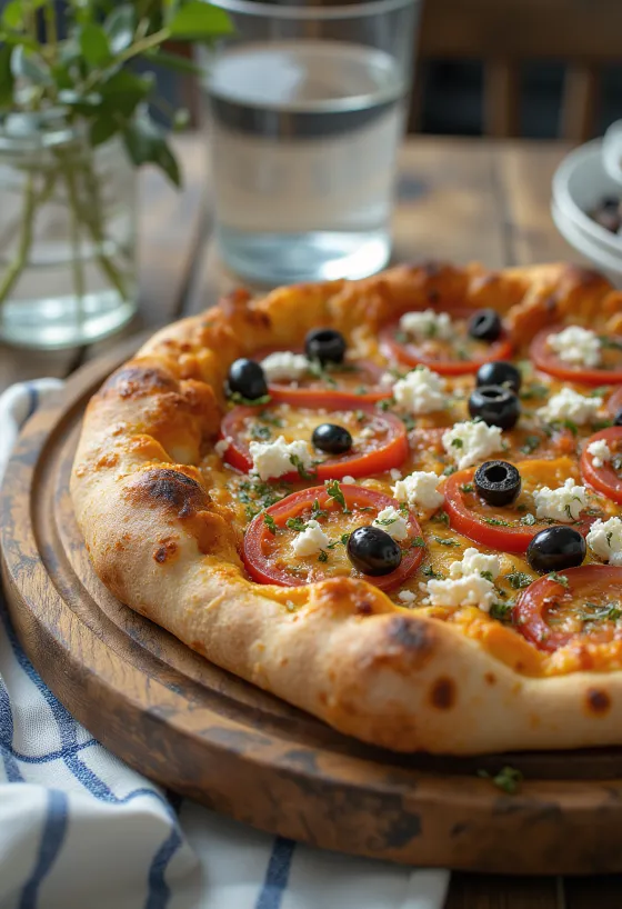 Pizza Greca s feta sirom, crnim maslinama i svježom rajčicom