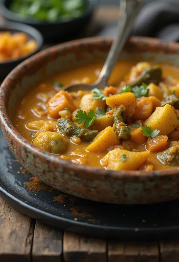 Veganski curry sa sočnim povrćem i ukrašen svježim korijanderom
