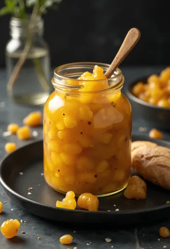 Chutney od đumbira u staklenci, bogat žuti začinjeni umak