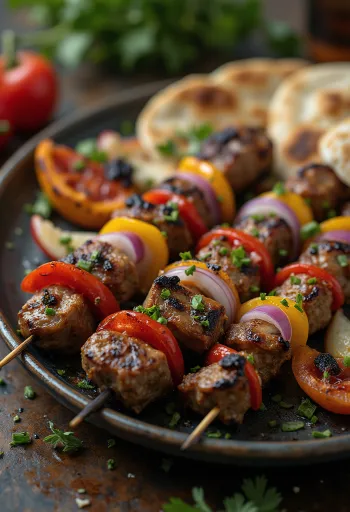 Shish kebab na ražnju, pečeno meso i povrće