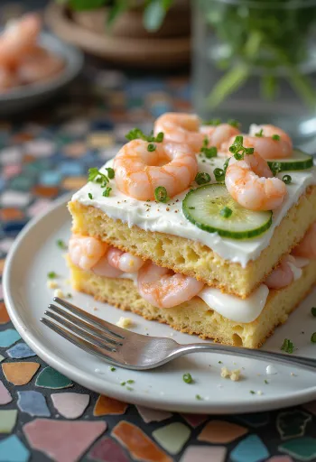 Smörgåstårta s kozicama i jajima, ukrašena svježim povrćem