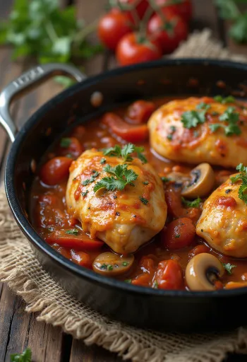 Chicken cacciatore poslužen u tavi s povrćem