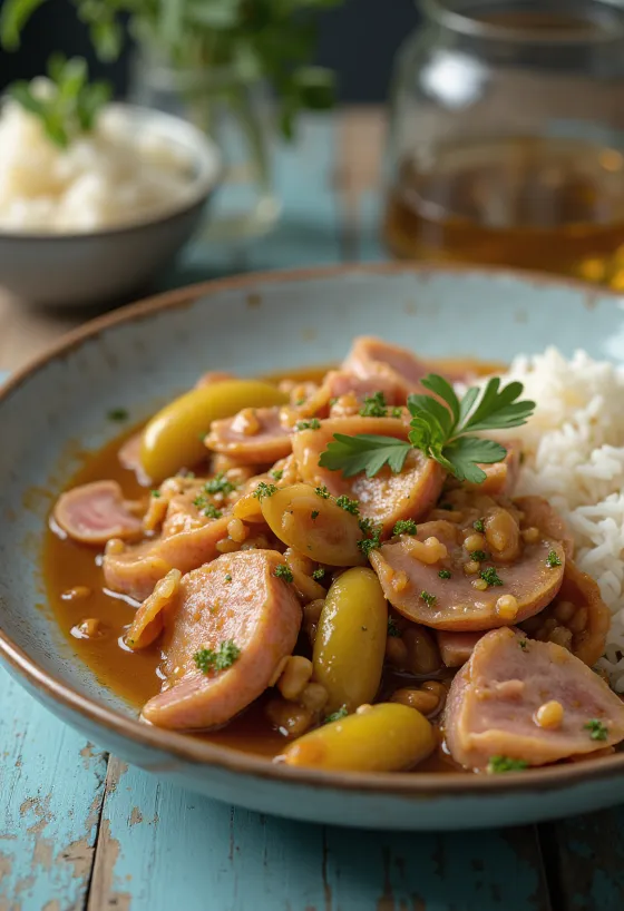 Tokanj na mesarski način sa sočnom svinjetinom, dimljenom kobasicom i kiselim krastavcima.