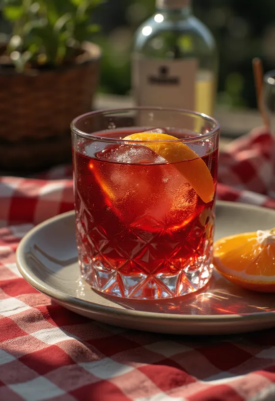 Negroni koktel ukrašen kriškom naranče