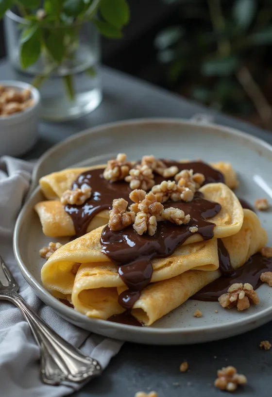 Svježe pripremljene Gundel palačinke, punjene kremom od oraha, prelivene čokoladnim preljevom, servirane na tanjuru.