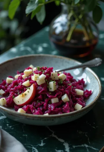 Prebiotička salata od cikle i jabuke poslužena s naribanom ciklom, jabukom i jogurtom