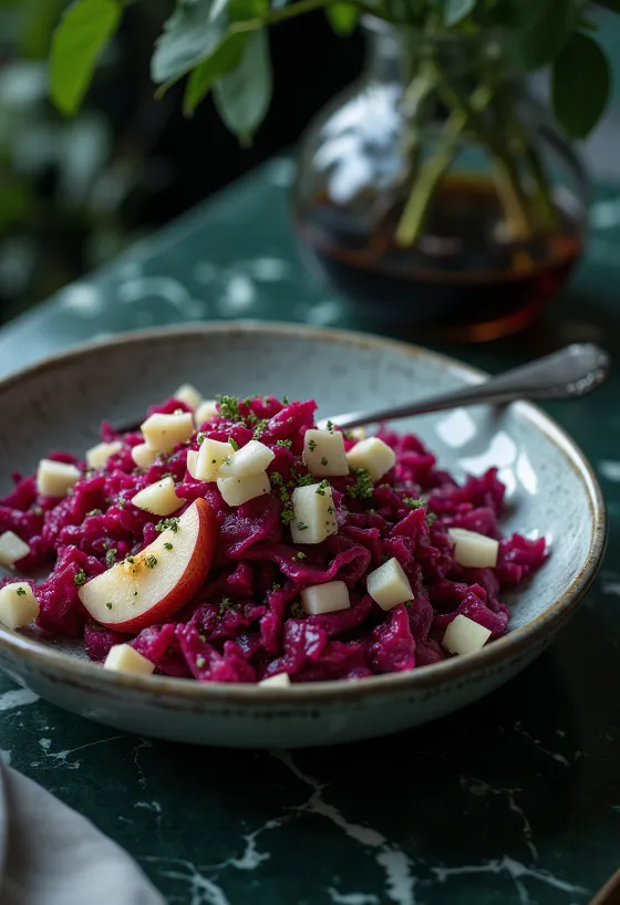 Prebiotička salata od cikle i jabuke poslužena s naribanom ciklom, jabukom i jogurtom