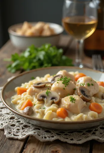 Chicken Fricassee poslužen s kremastim umakom