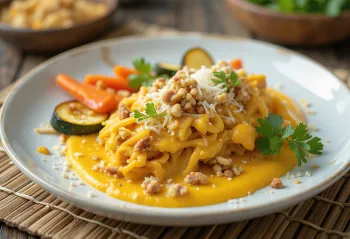 Ají de gallina poslužena s pečenim povrćem, orasima i parmezanom