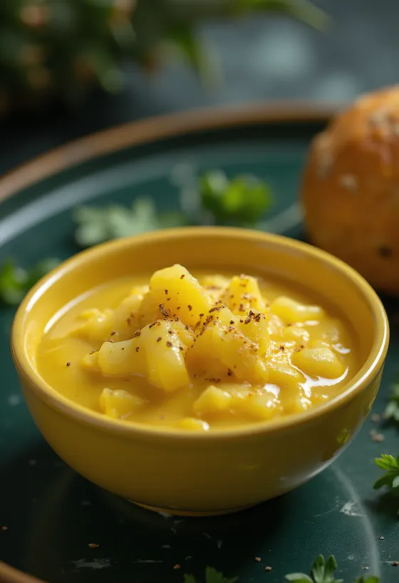 Žuti kremasti umak od ananasa i curryja u posudi