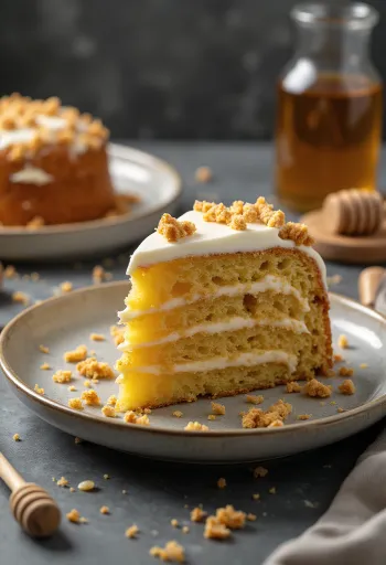 Ruska medena torta sa slojevitom kremom i ukrašena mrvicama tijesta